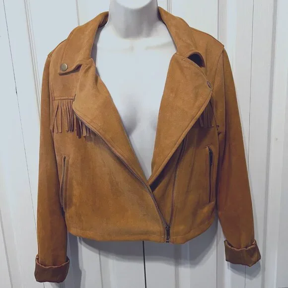 C & V Chelsea & Violet Camel Fringed Faux Suede Cuffed Sleeves-Tan/Camel-Cropped